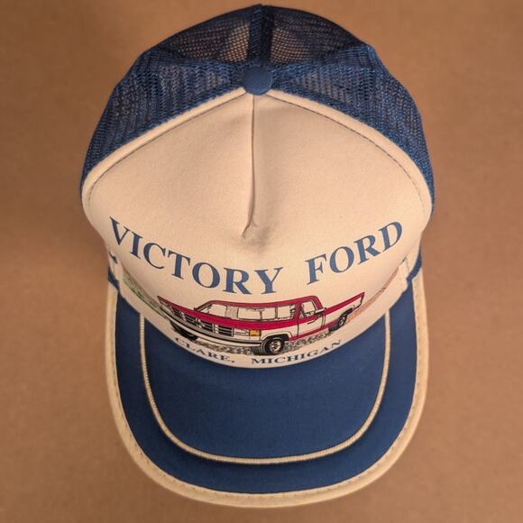 Vintage 80s Victory Ford F150 Pickup Trucker Hat Snapback Cap Blue White Mesh - Picture 5 of 7